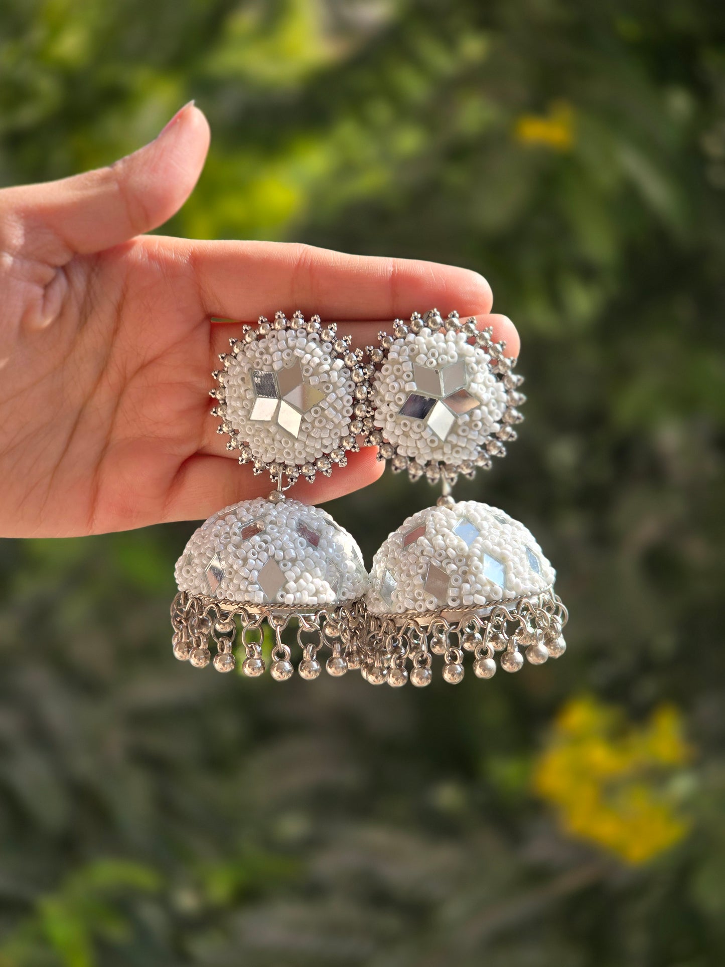 White-Color Tokri Jhumka With Mirror Work