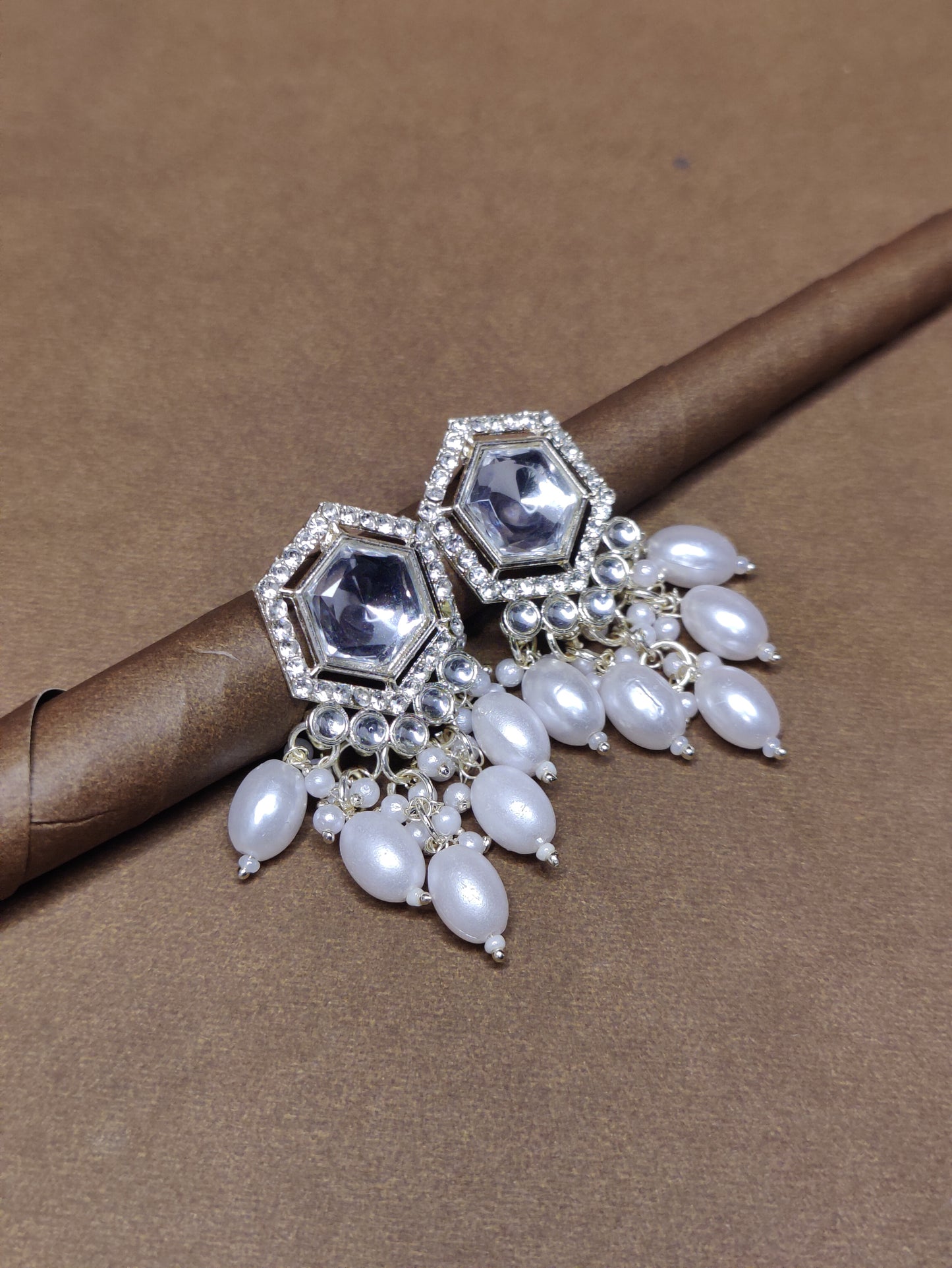 Kundan Studded White Pearl Drop Earrings