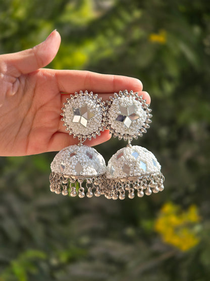 White-Color Tokri Jhumka With Mirror Work