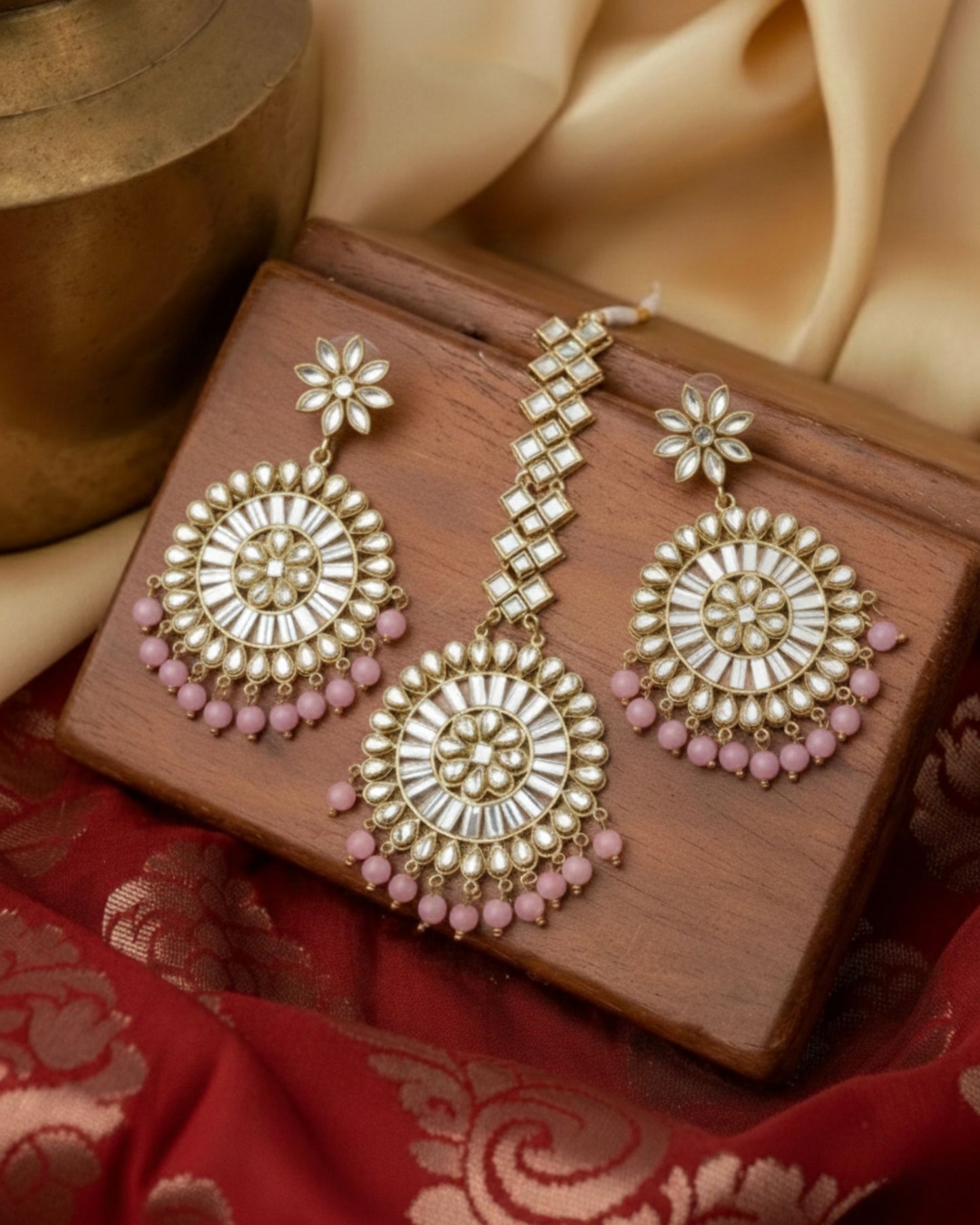 Pink Polki Earrings With Mangtika Ratanrani