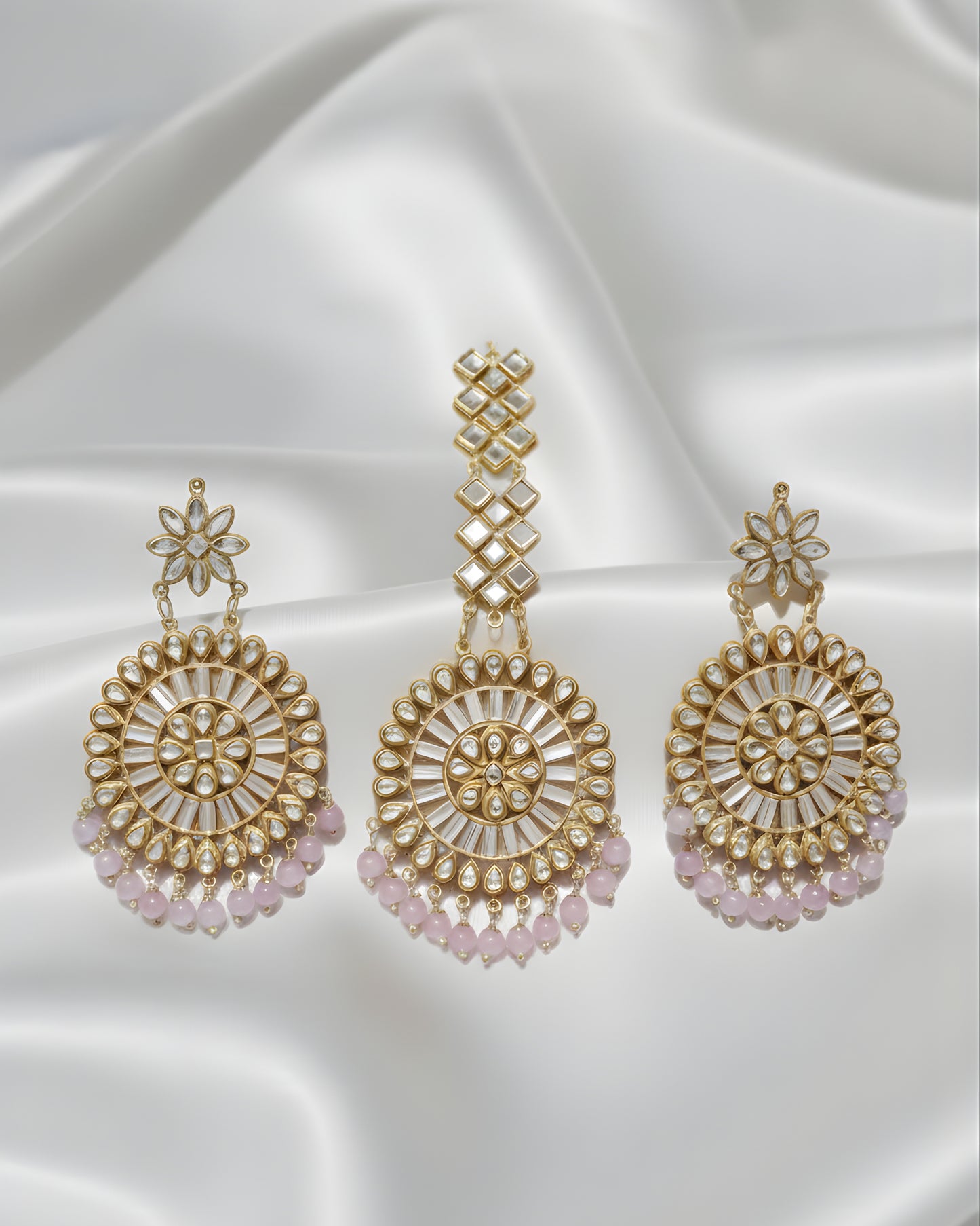 Pink Polki Earrings With Mangtika Ratanrani
