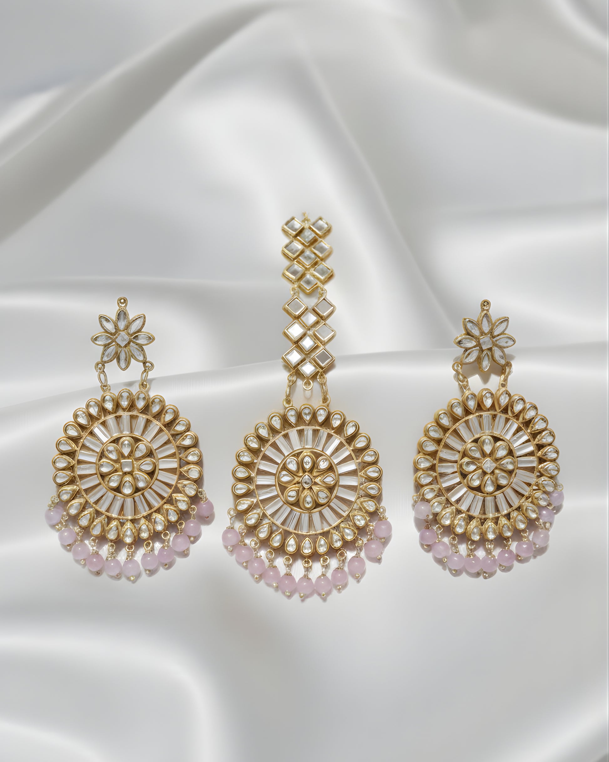 Pink Polki Earrings With Mangtika Ratanrani