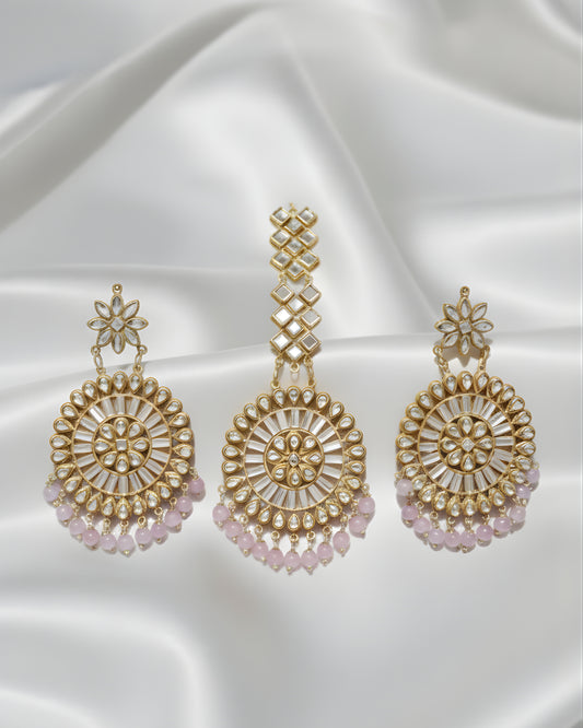 Pink Polki Earrings With Mangtika Ratanrani