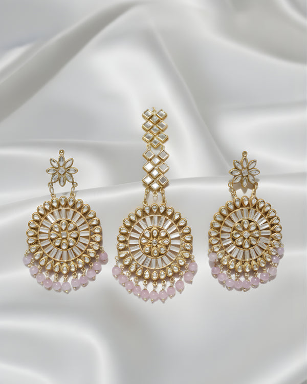 Pink Polki Earrings With Mangtika Ratanrani