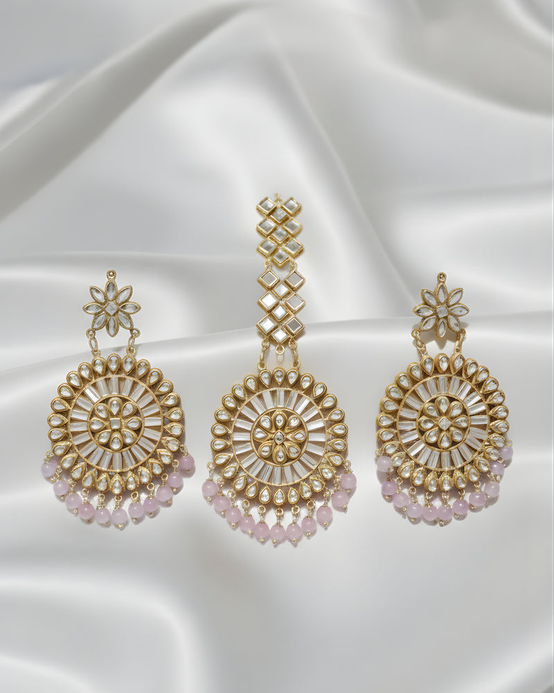Pink Polki Earrings With Mangtika Ratanrani