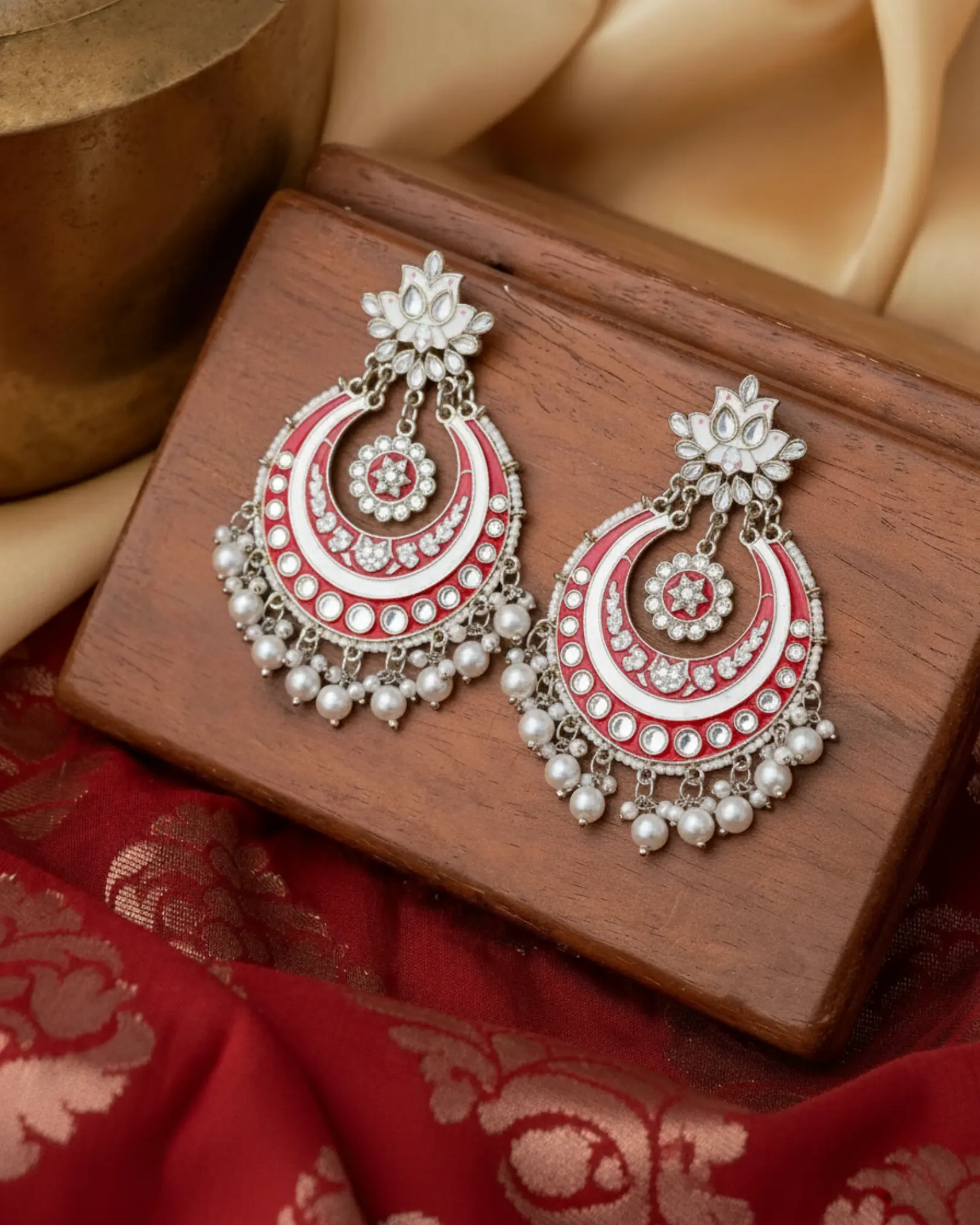 White Drop Beads Chandbali Earrings Ratanrani