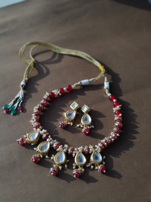 Red-Color Kundan Moti Mala Necklace